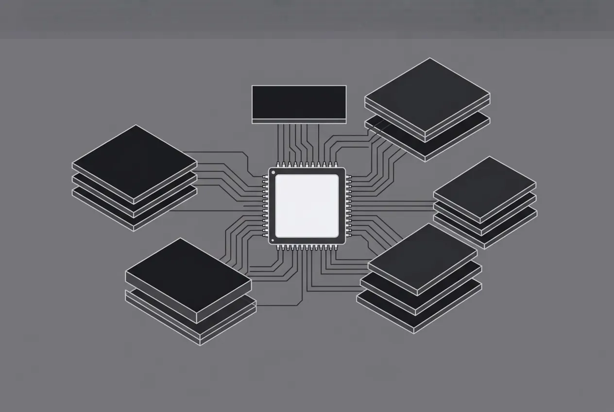 Chip com pinos ao centro, ligado por trilhas a seis pilhas de placas ao redor